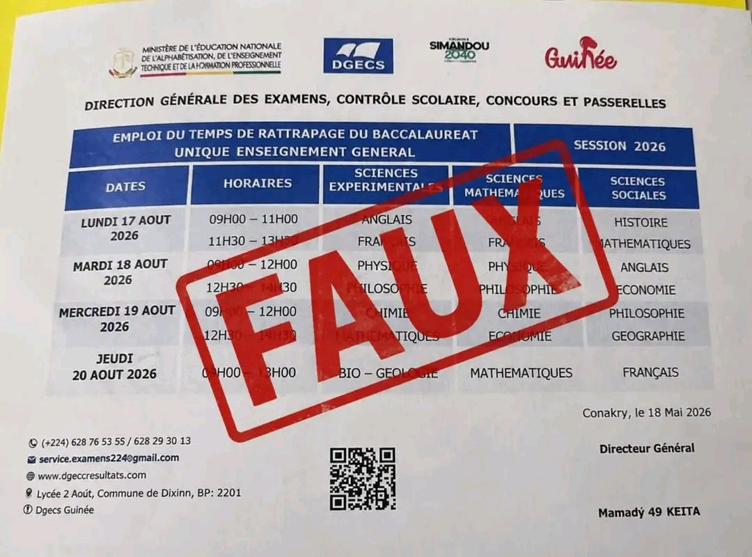 Baccalauréat unique 2026 : le ministère dément un faux emploi du temps du rattrapage Le ministère de l’Enseignement préuniversitaire et de l’Alphabétisation, de l’Enseignement technique et de la Formation professionnelle a démenti la publication d’un prétendu emploi du temps du baccalauréat unique, session 2026.