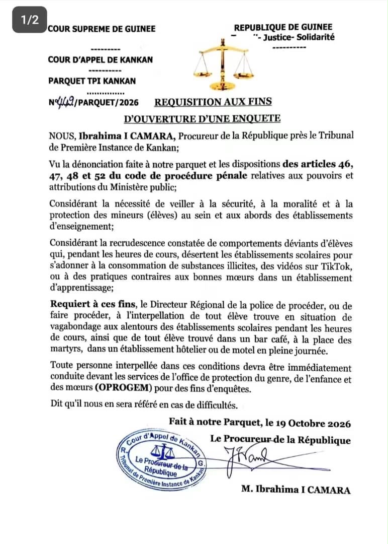 Kankan : le parquet ordonne l’interpellation des élèves en situation de vagabondage pendant les heures de cours. 